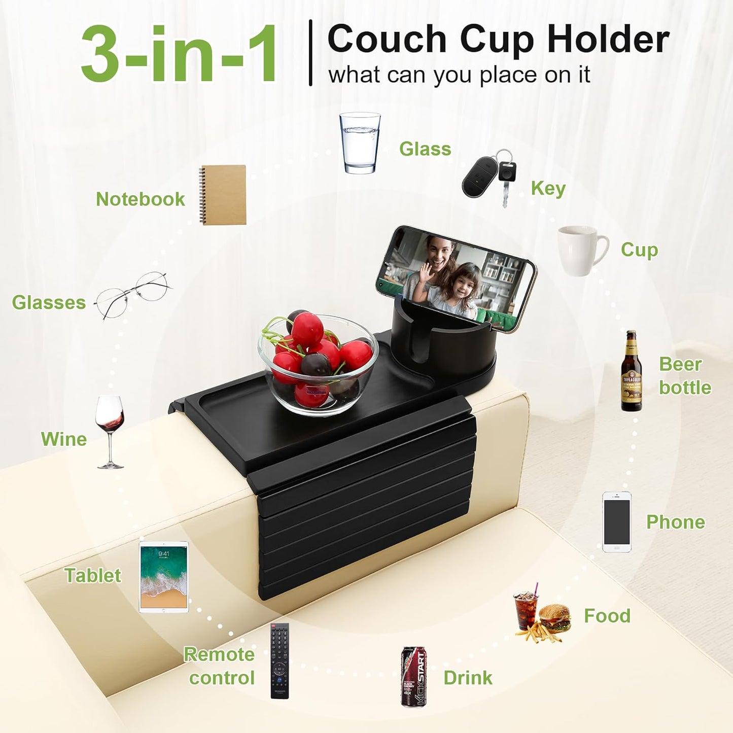 Couch Cup Holder,Bamboo Couch Arm Tray with 360° Rotating Cup Holder,Foldable Anti-Slip Sofa Arm Chair Tray for Eating Snack Drink Side Table