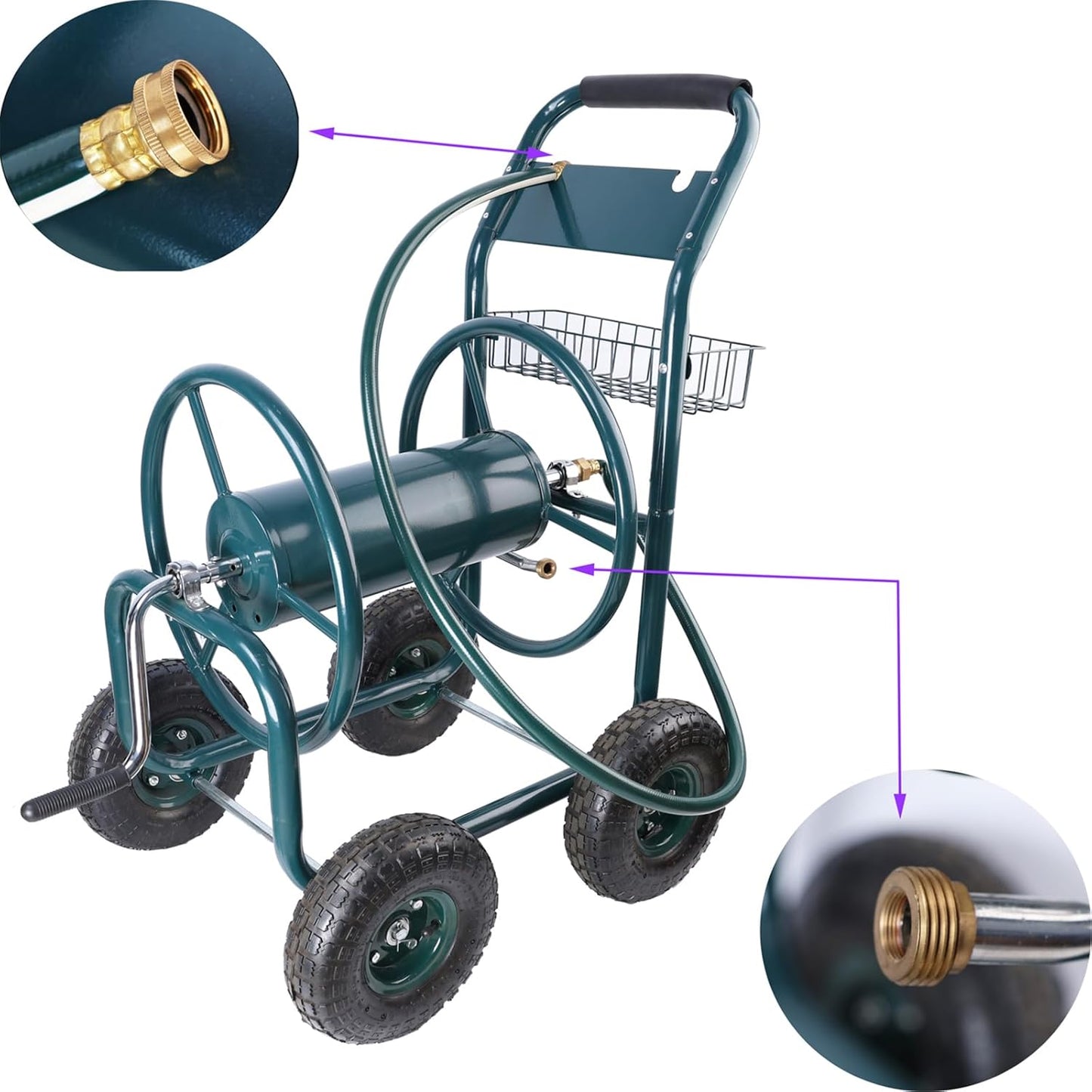 Garden Hose Reel Cart, Portable 4 Wheels Water Hose Reel Cart with Storage Basket, Heavy-Duty Water Hose Holder Trolley for Yard Garden Farm Green As Shown