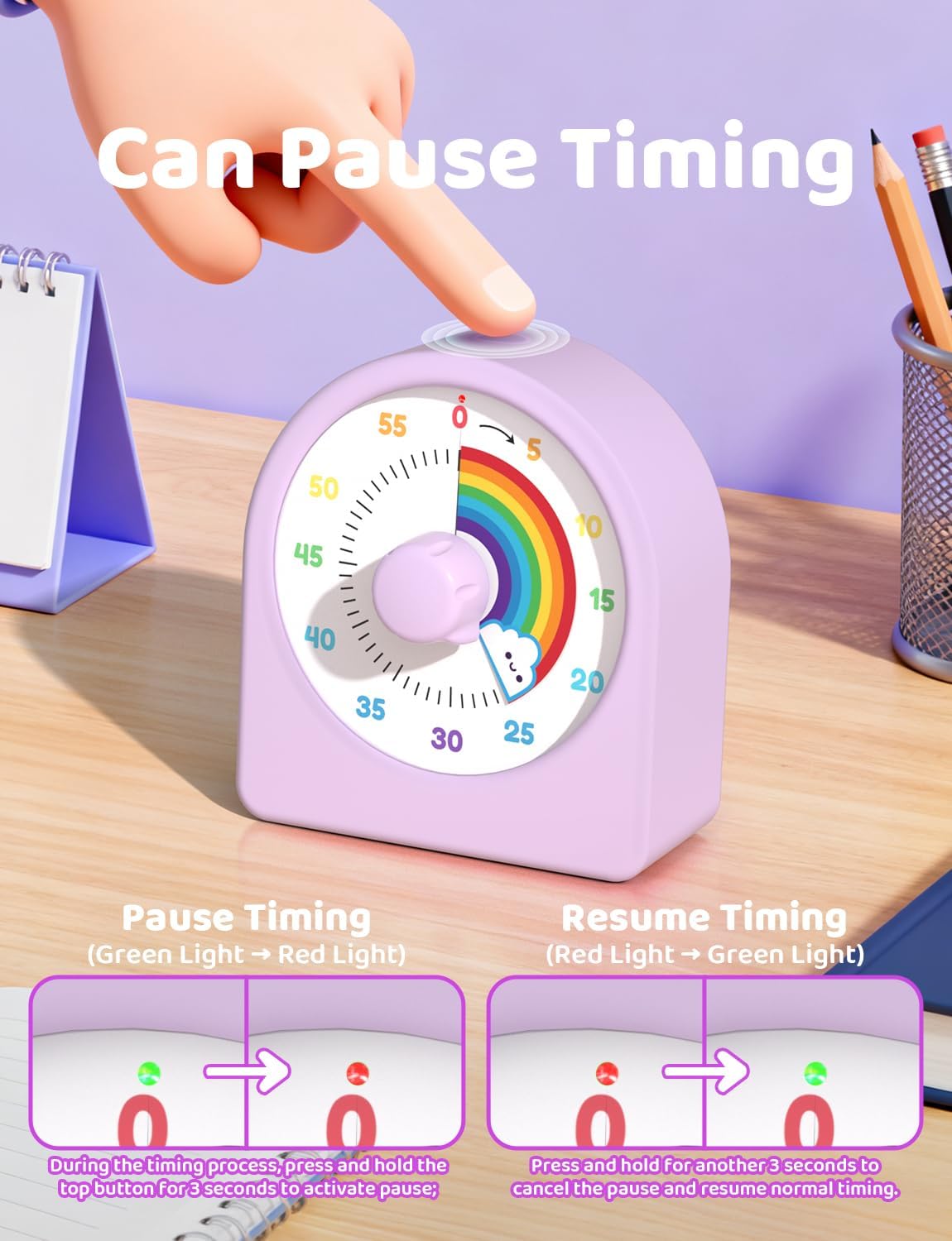 LIORQUE Visual Timer for Kids with Pause Function,Timer for Kids and Adults, Protective Case, Silent Time Management Tool, 60-Minute Countdown for Classroom, Office, Meetings, Study, Kitchen(Rainbow)