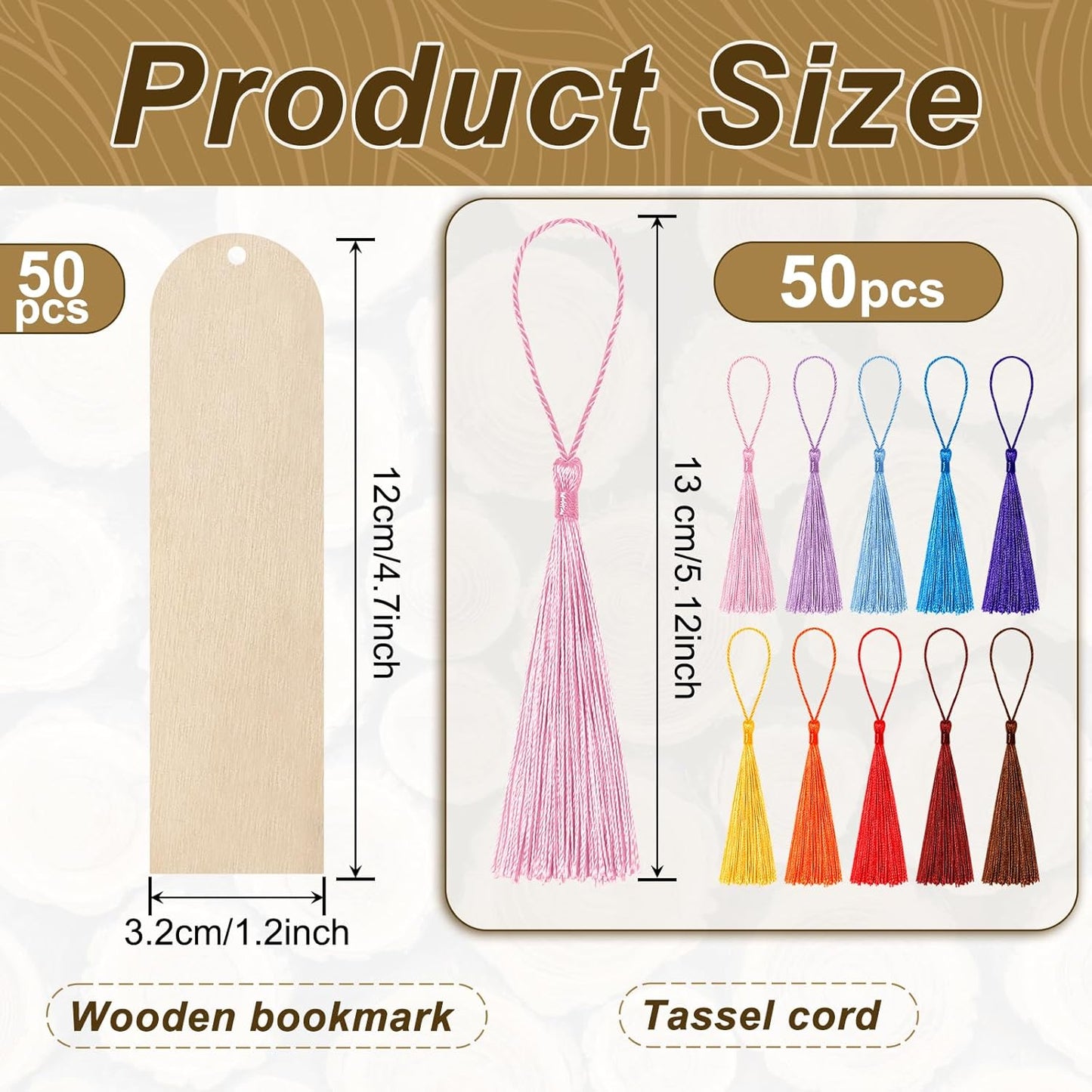 50 PCS Wooden Bookmarks with 50 PCS Multi-Color Tassels,4.7x1.2 in Blank Bookmark DIY Bookmarks,Book Mark Craft for Christmas, Valentine’s Day, Birthdays