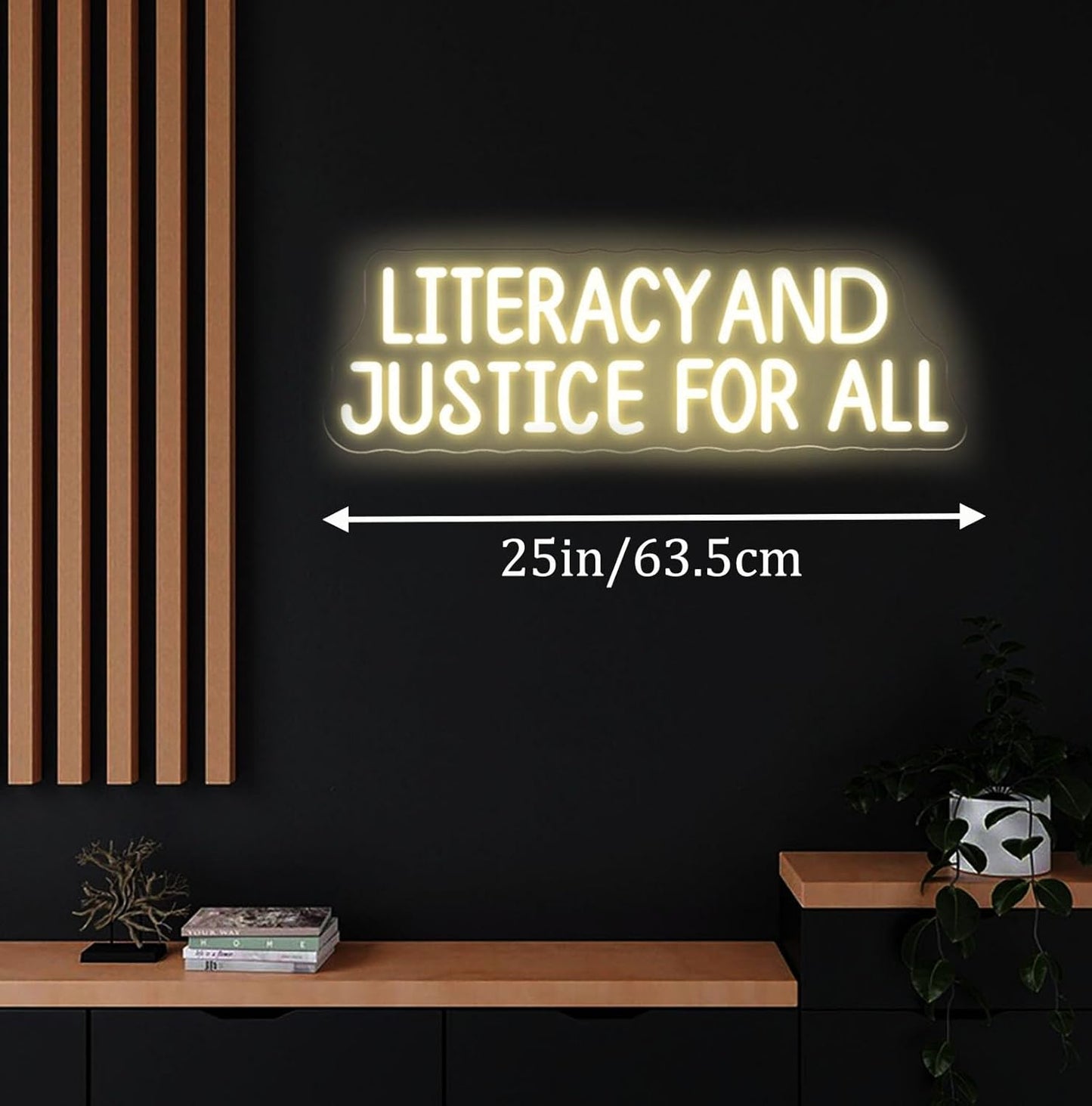 Literacy and Justice For All Neon Sign -25 inch - Book Wall Sign Decor, Reading Wall Hanging LED Light, Bookshelf Wall, Library Neon, Bookish, Book Lover, Inspirational Student Decor Gift-Warm White