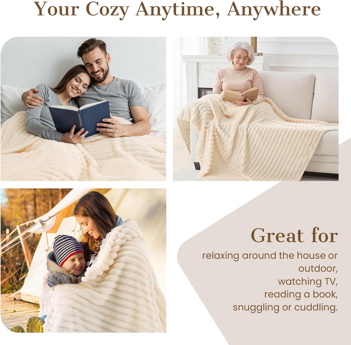 Throw Blanket for Couch, Cozy Blanket for Women, Cute Fleece Throw for Girls, Soft & Warm Fluffy Beige Blanket,Christmas Birthday Gifts for Women Men Teen, Room Home Decor, Giftable Strip Blankets