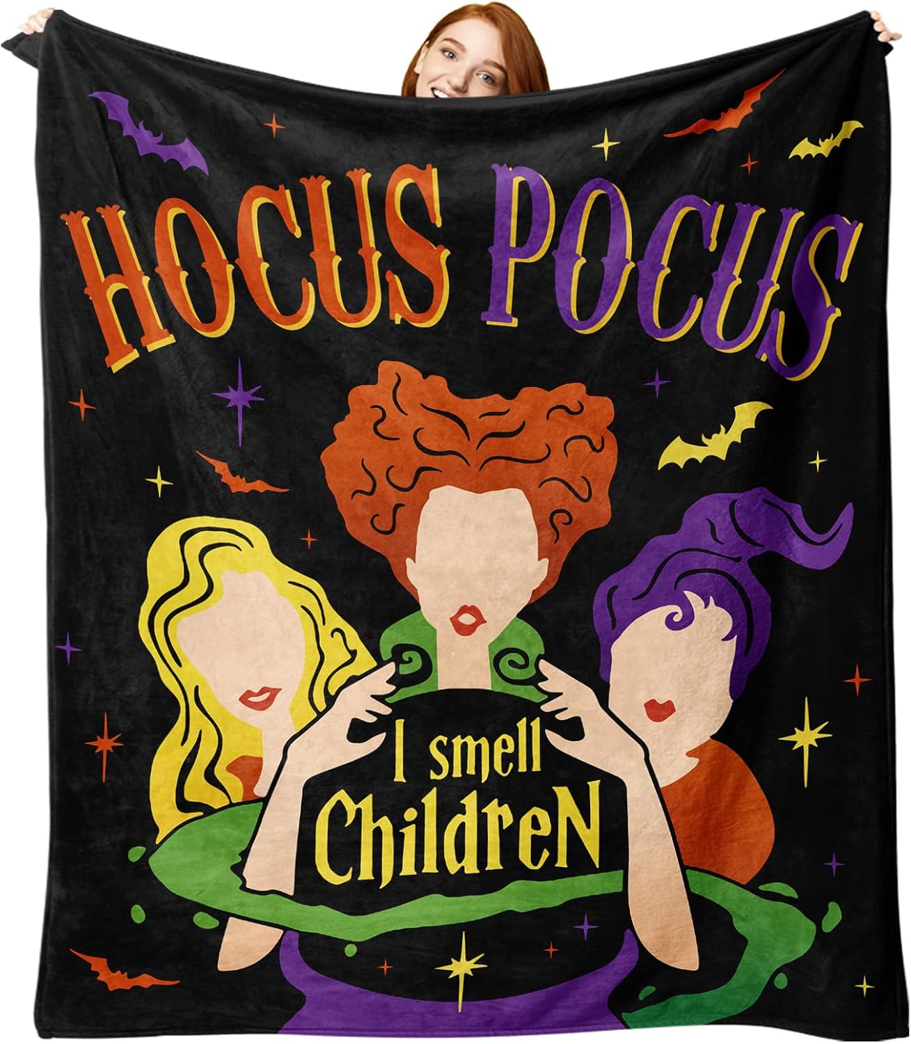 Halloween Hocus Pocus Witches Flannel Throw Blanket, I Smell Children Cauldron Gifts for Kids Men Women, Funny Bats Soft Blankets for Bedding Sofa 50 x 60 Inches