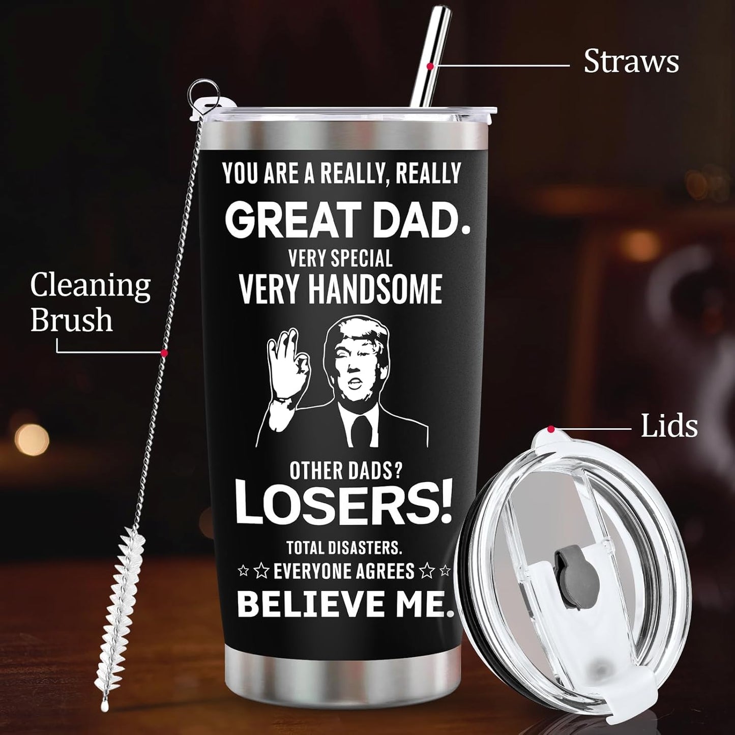 Stocking Stuffers Gifts for Dad Tumbler - 20oz Stainless Steel Vacuum Tumbler w/Lids/Straws/Brush Funny Birthday Gifts for Dad Men Husband Grandpa on Christmas Anniversary Fathers Day