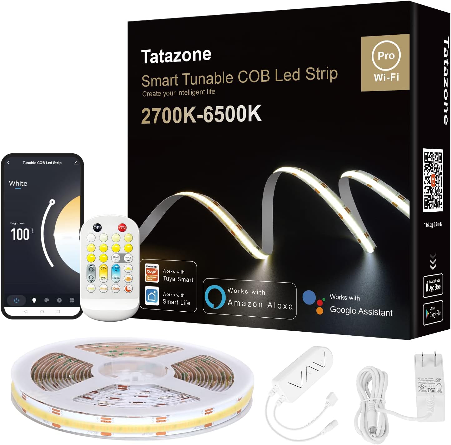 16.4ft Tunable White Smart COB Led Strip Light Kit, CCT 2700K-6500K Bright COB Led Tape Light Compatible with Alexa and Google, Dimmable Indoor COB Led Ribbon for Kitchen Cabinet, Room, TV
