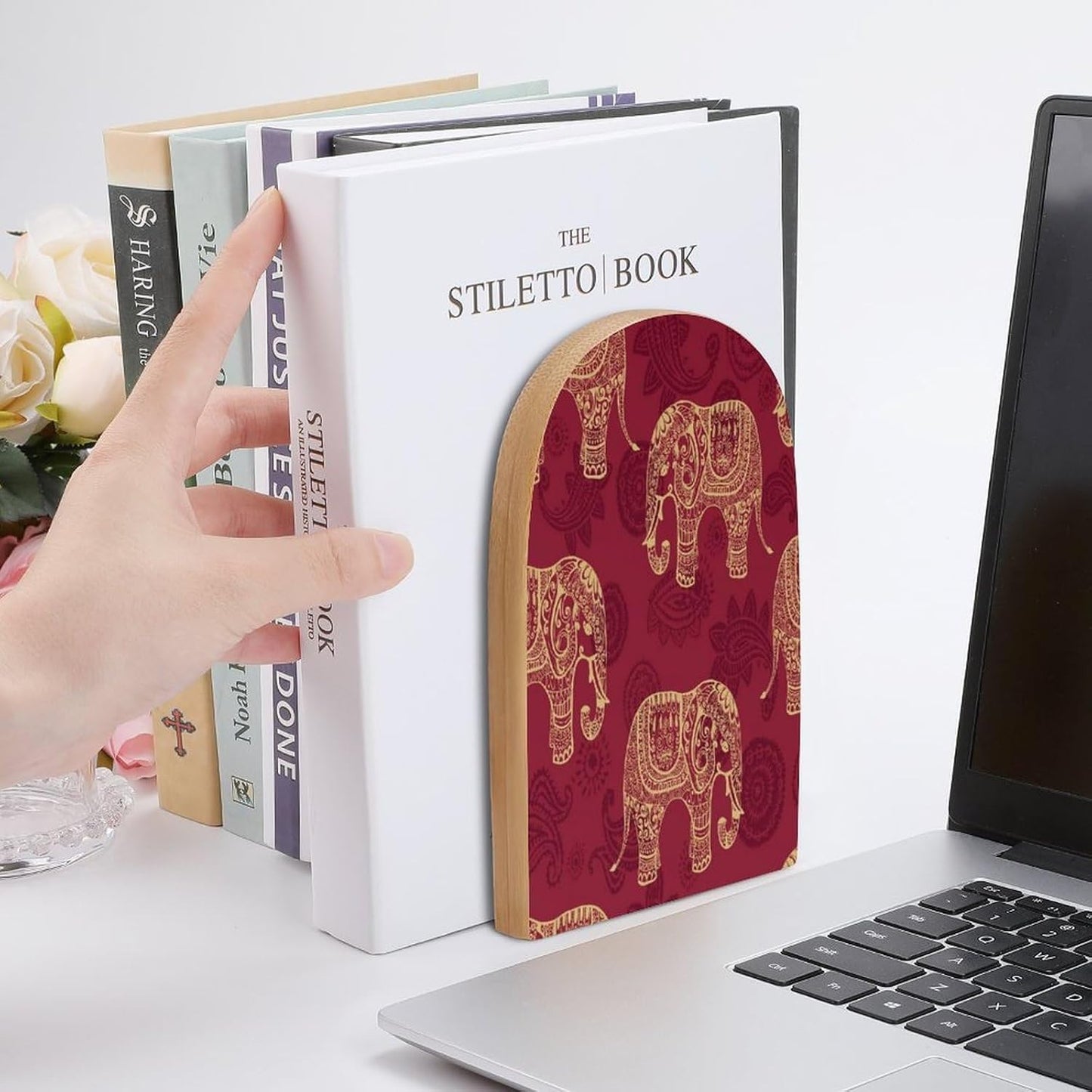 Elephant Wooden Bookend Non-Slip Book Ends Heavy Duty Book Stopper with Metal Base Books Holderd Decorative Bookends Stands Firmly for Office Supplies