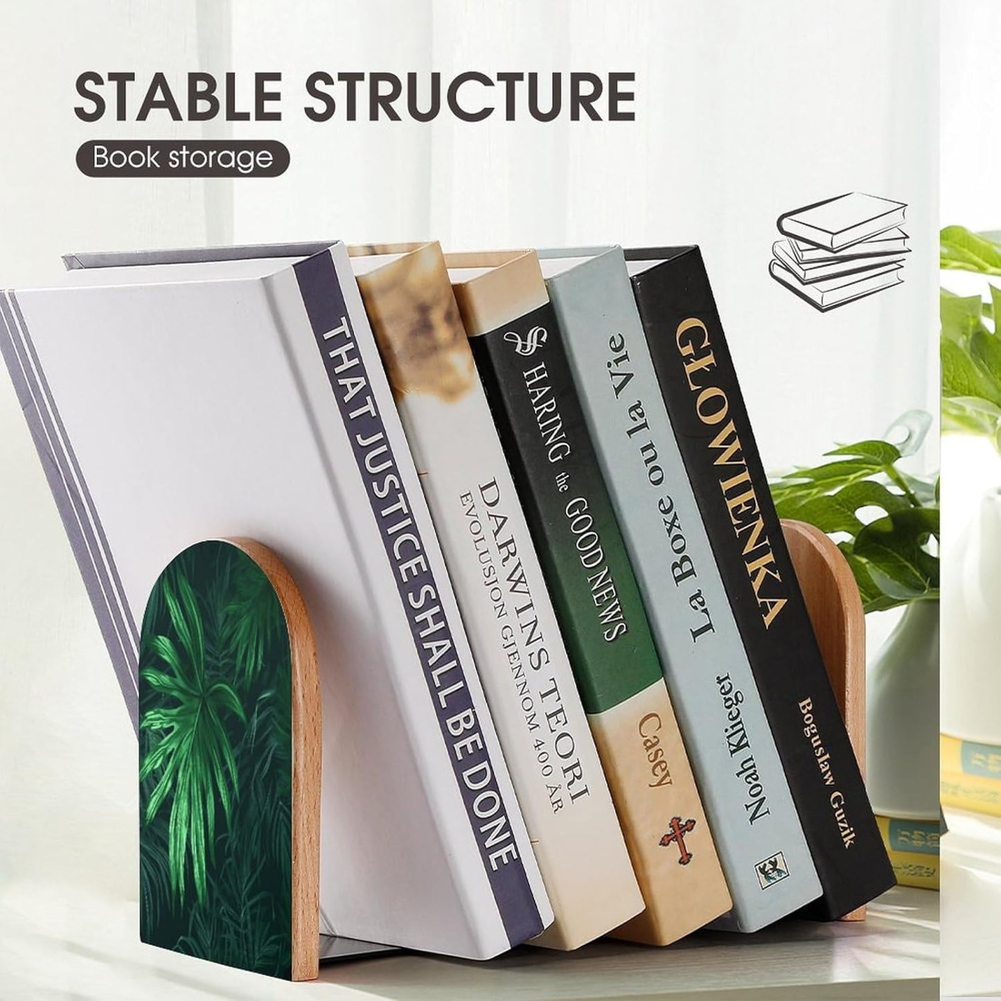 Green Tropical Jungle Plant Bookends 1 Pair Heavy Duty Book Ends for Shelves Non-Skid Bookend Supports Wooden Book Holders with Metal Base Desk Organizers Books Storage to Hold Books