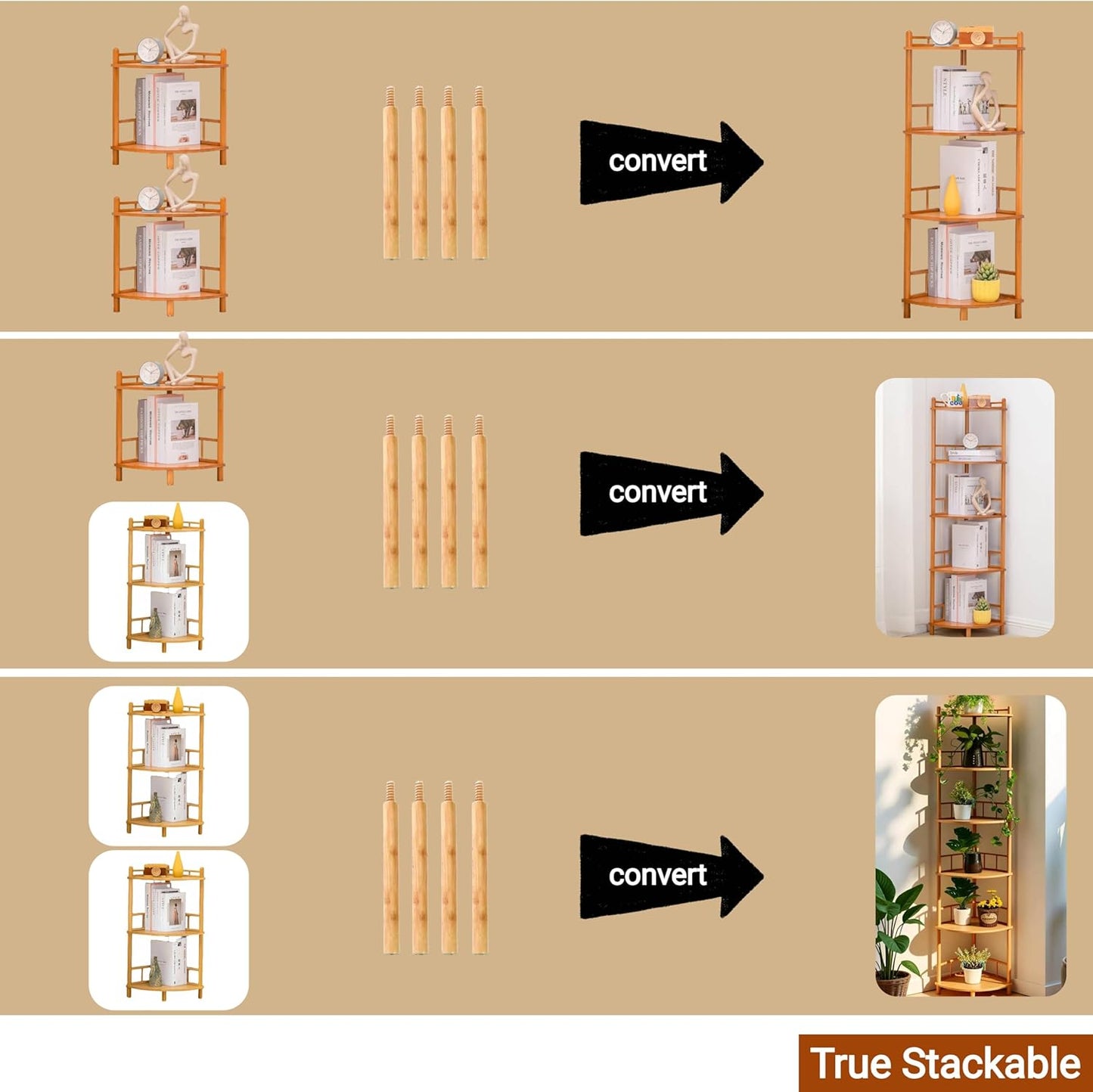 3-Tier Expandable Bamboo Corner Shelf Stand,Corner Bookshelf, Display Storage Shelves with Open Shelves, for Organization and Storage, Living Room, Home Office, Garage (1, Natural, 3-Tier)