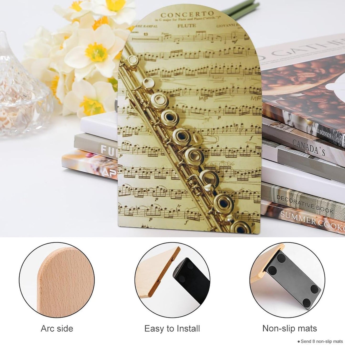 Flute Music Wooden Bookend Non-Slip Book Ends Heavy Duty Book Stopper with Metal Base Books Holderd Decorative Bookends Stands Firmly for Office Supplies