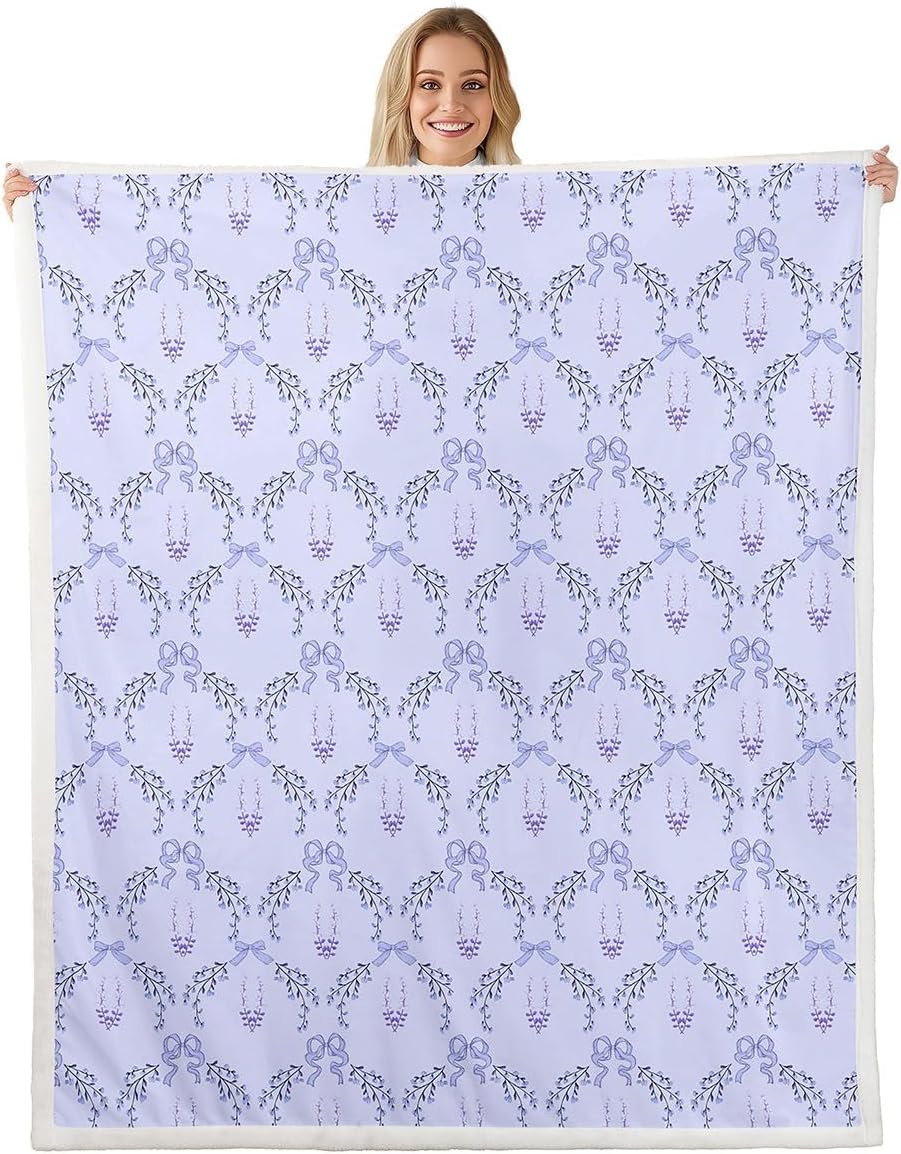 Purple Bows Throw Blankets,Aesthetic Floral Fleece Blanket,Kids Girls Boys Adult Grid Bowknot Fuzzy Blankets Fresh Gentle Soft Sherpa Blanket Chair Sofa Bed Decor,40"×50"