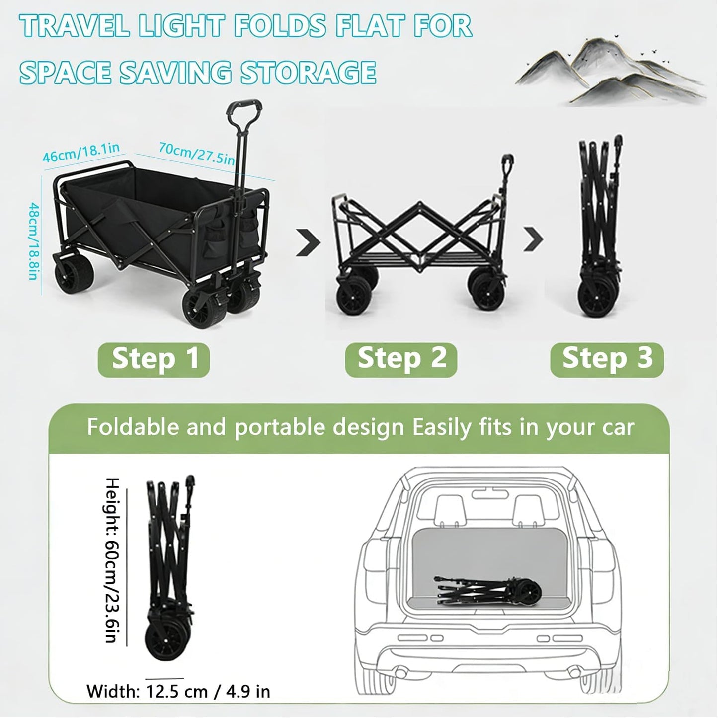 SNZ Heavy-Duty Collapsible Wagon Cart - 120L Capacity, 220lbs Capacity, 360° All-Terrain Wheels, Foldable Utility Cart for Camping, Beach, Garden, Grocery Shopping & Outdoor (Without Table Top)
