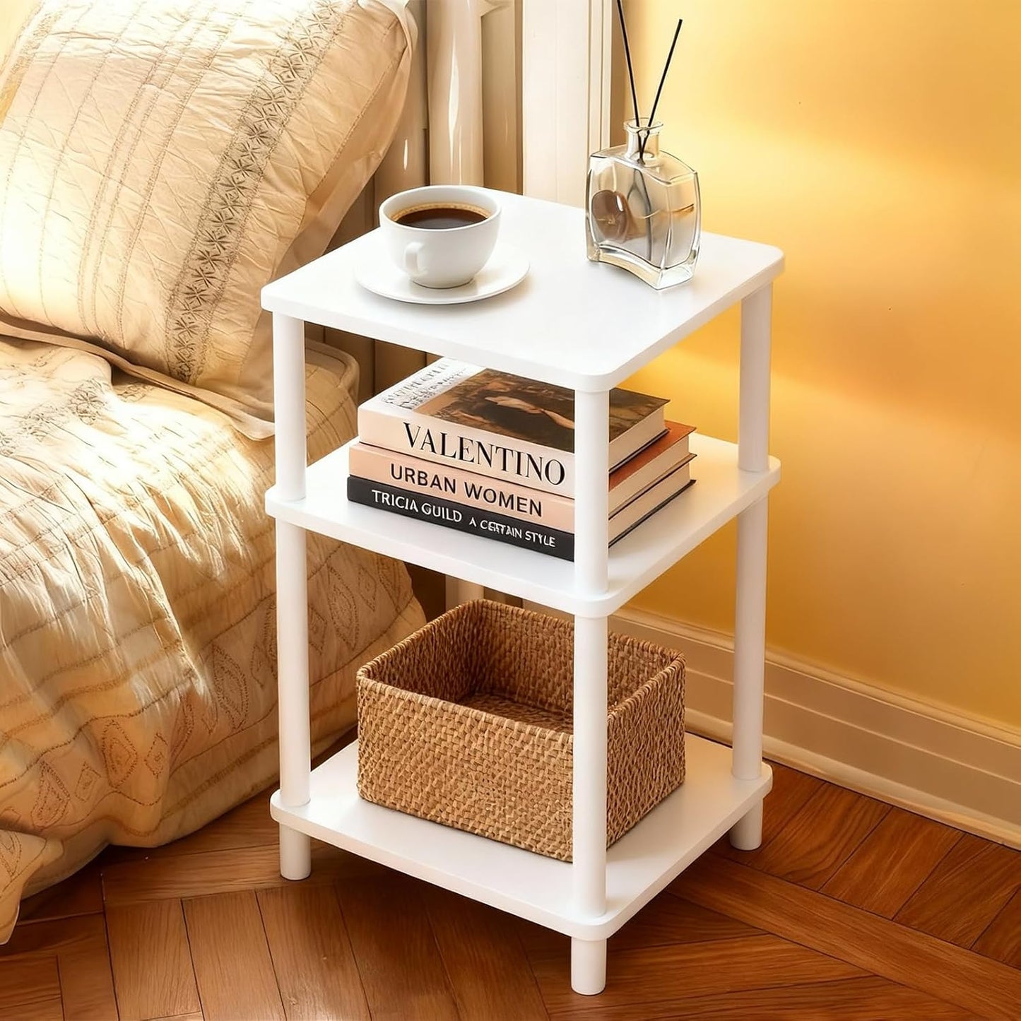 YGYQZ 3 Tier White Side Table ，Small End Table with Solid Wood Legs，28' Tall Bedside Table with Storage Shelf，Nightstand for Small Spaces，Living Room,Bedroom，Bathroom,No Tool Installation