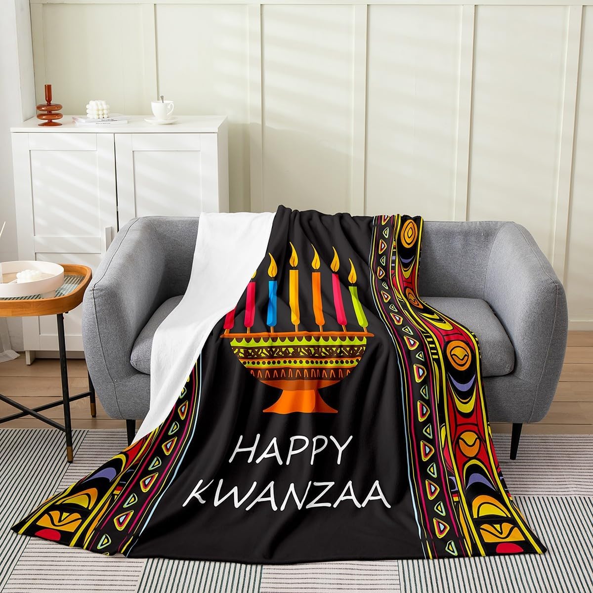 Happy Kwanzaa Sherpa Blanket Throw Size Kinara Set for Bed Couch Unity Cup Warm Soft Fleece Rustic Aztec Geometric Flannel Black Candle Holder
