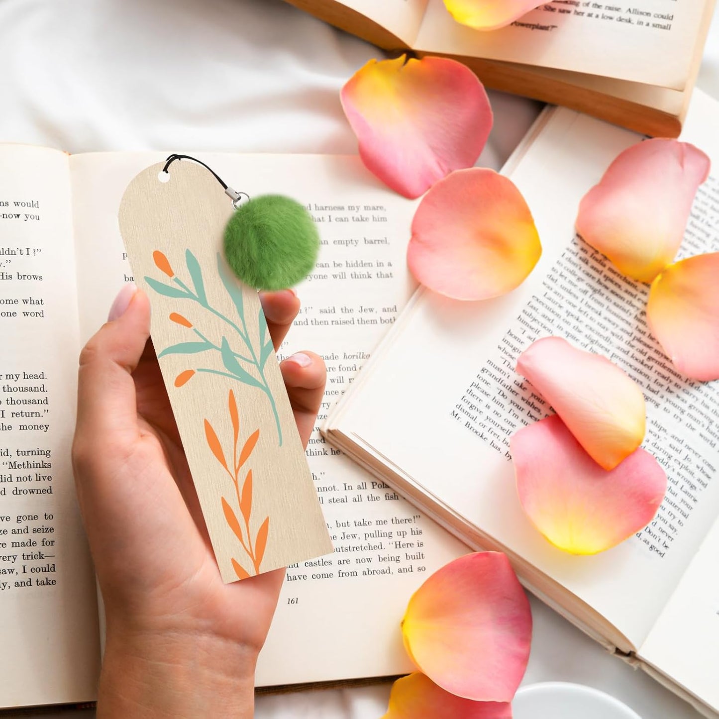 30 Pcs Wooden Bookmark,5.7x1.5 in Blank Bookmarks to Decorate with 30 Pcs Colorful Pom Pom Bookmark Tassels,Wooden Bookmarks for Books, Keys, Bags