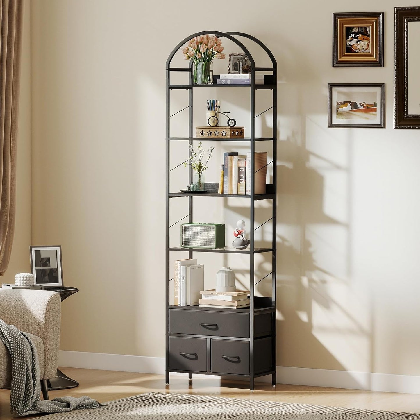 Tall Narrow Bookshelf with 3 Drawers, Arched Bookcase with 4 Legs, 84 inches 5 Tier Skinny Book Shelves with LED Lignts for Living Room, Office, Black