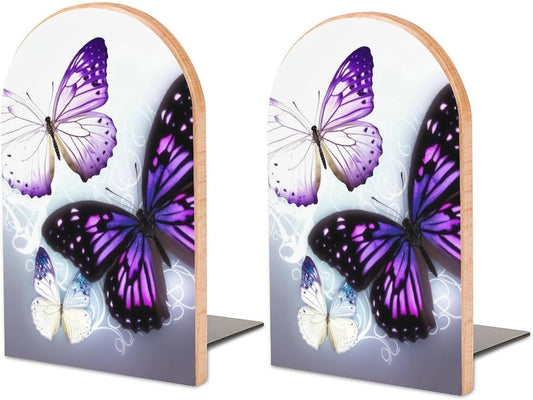 White Purple Butterflies Book Ends Wooden Bookends Non-Skid Metal Base Heavy Duty Book Shelves Decor, Decorative Bookends for Books/CDs Bookshelf Table Home Decor