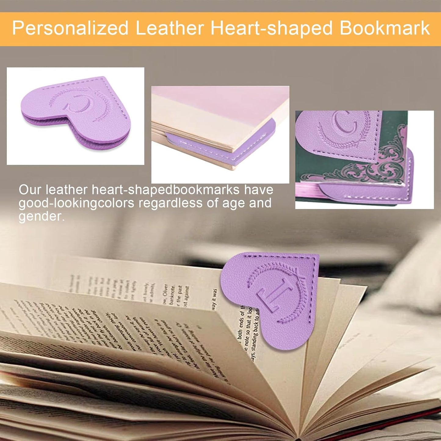XIANGYUAN Personalized Leather Heart Bookmark with Initial,Cute Bookmarks 26 Letters Corner Book Marks for Reading Women,Men, Kids,Book Accessories for Book Lovers Gifts(Purple T)