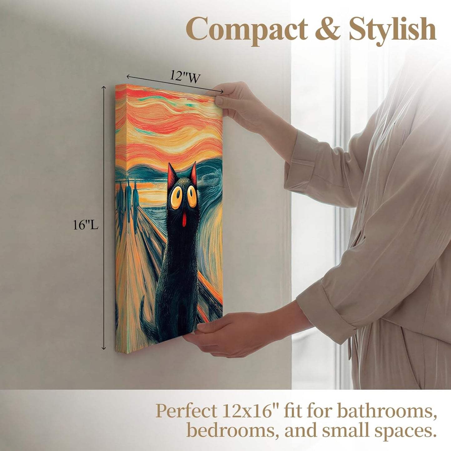 Solanica Humorous Cat Decor - The Scream Edvard Munch Parody Art, High Definition Black Cat Canvas Picture, Premium Matte Finish for Bathroom Toilet Wall, 12x16 Inch