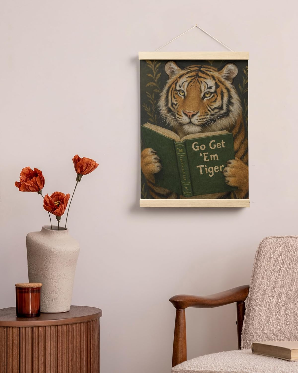 FGFK Vintage Motivational Tiger Reading Wall Art Poster Hanger Frame, Go Get Em Bookish Tiger Funny Animal Canvas Prints Framed Wall Decor for Home Kids Bedroom Room Dorm, 12x16 Inch