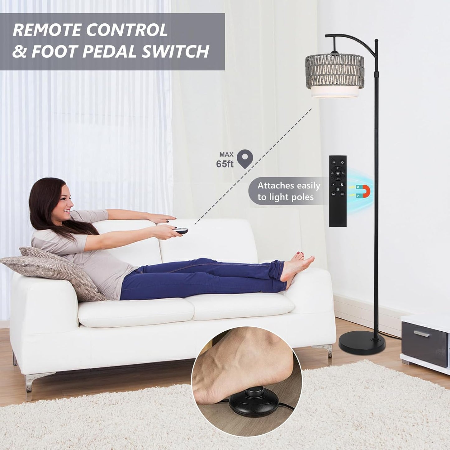 Floor Lamps for Living Room, Arc Standing Lamp with Remote & Dimmable Bulb, Boho Rattan Floor Lamp for Bedroom with 3 Color Temperatures, Farmhouse Tall Lamp, Height Adjustable Stand up Lamp