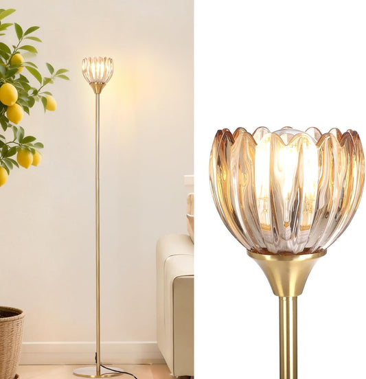 Floor Lamps for Living Room, Bedroom, Gold Standing Lamp with 12W Bulb, Vintage Floor Lamp for Reading, Nursery, Corner (Amber Tulip)
