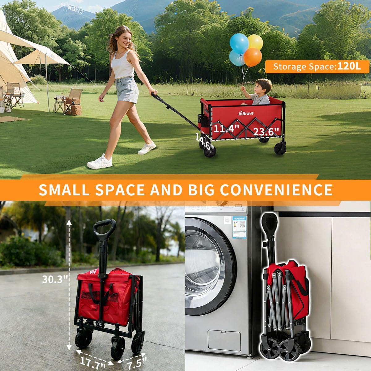 Collapsible Wagon Cart, 380LBS Heavy Duty Utility Wagons with All-Terrain Wheels, Foldable Grocery Carts for Gardening, Shopping, Beach, Camping,Red