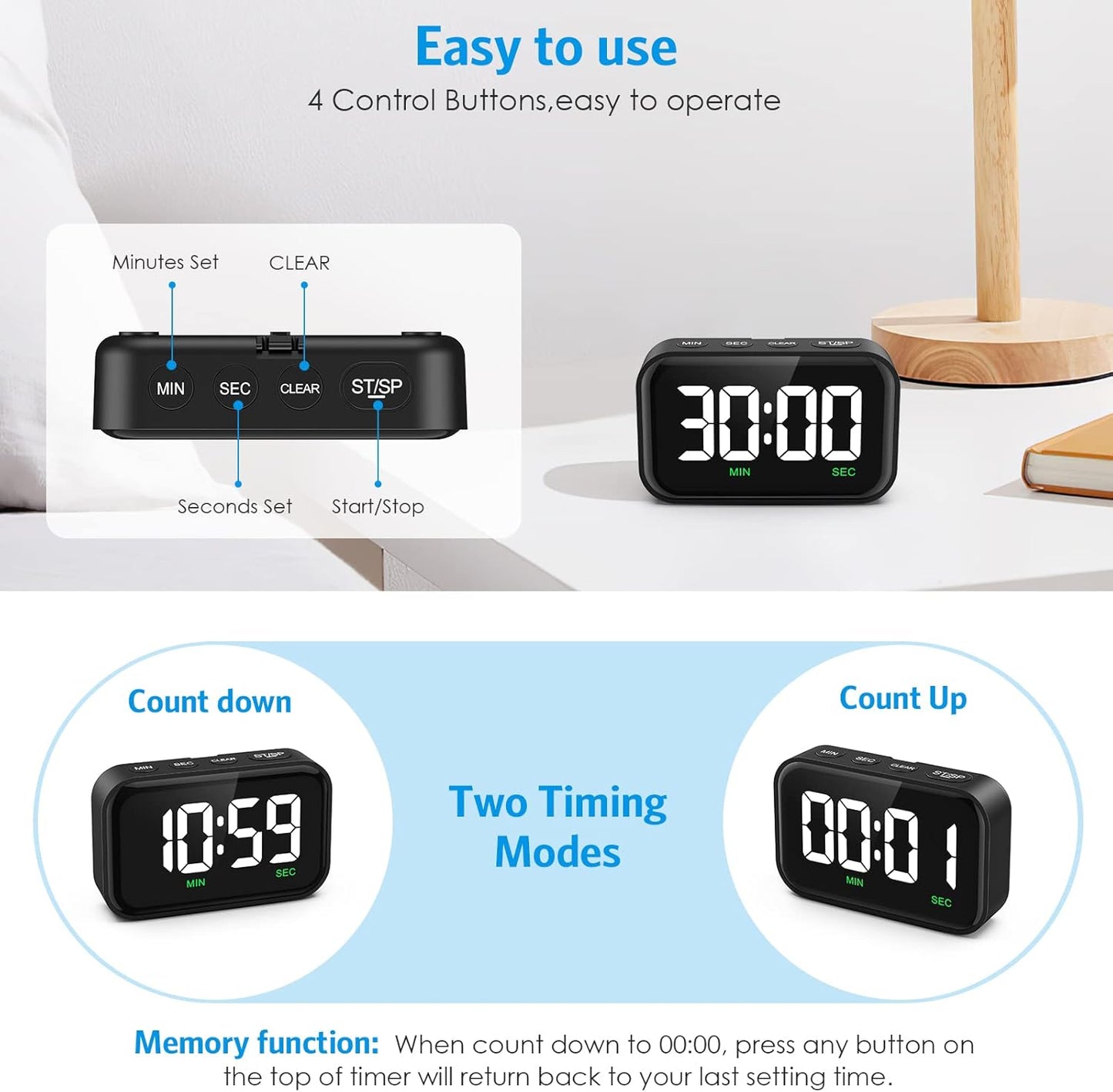 Digital Kitchen Timer, Digital Timer with Large LED Display, Magnetic Kitchen Timer for Cooking, 3 Volume Levels for Classroom/Office/Home/Work/Study, Black (Battery Included)