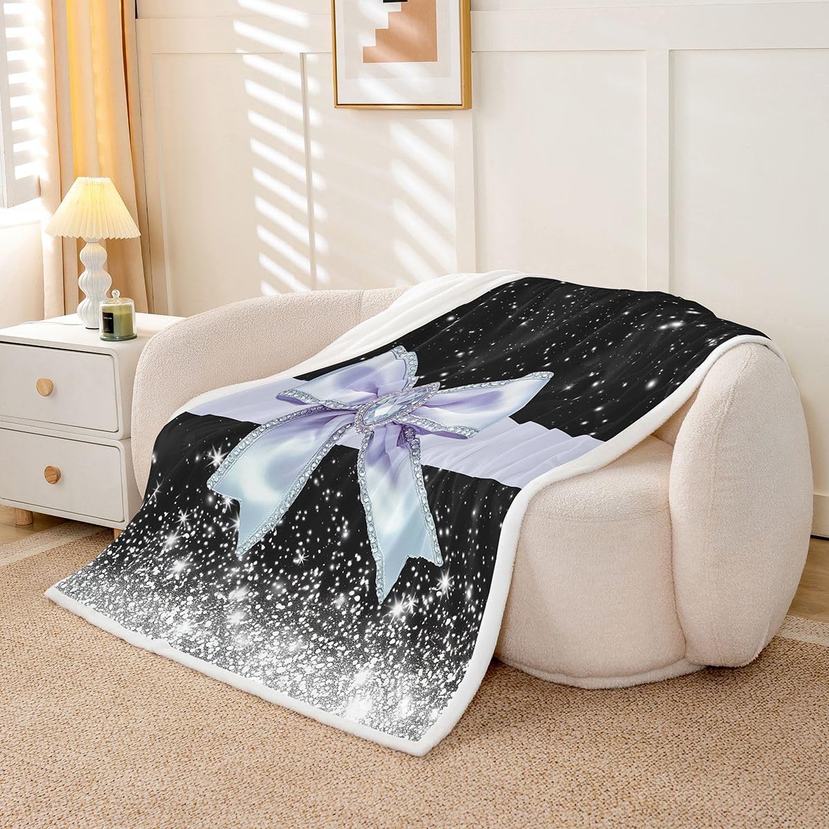 Feelyou Bow Sherpa Throw Blanket for Couch Black Blue Super Soft Cozy Fleece Glitter Blanket for Winter, Plush Throw Pastel Throw 50"x60" Bow Knot Accent All Season