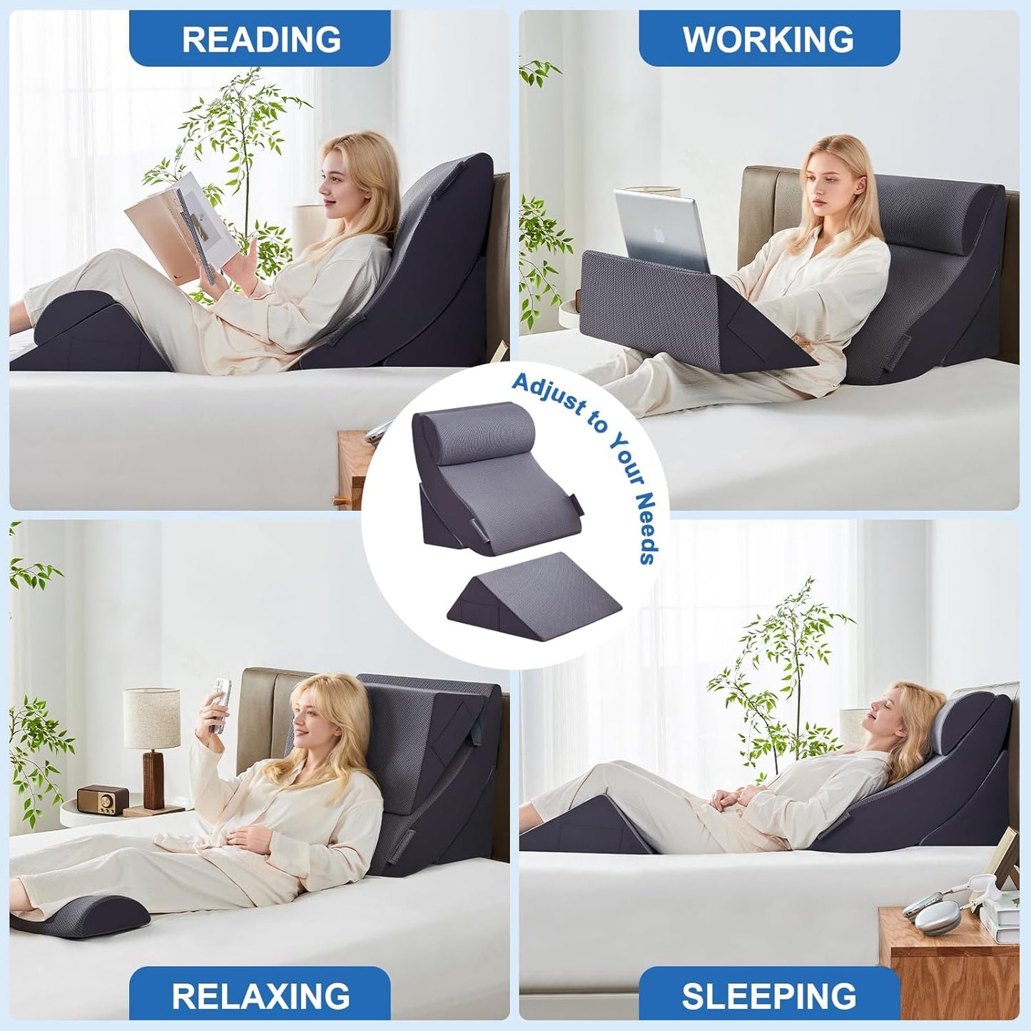 4PCS Bed Wedge Pillow Set for After Surgery, Orthopedic Wedge Pillows for Sleeping, Back, Neck and Leg Pain Relief, Adjustable Memory Foam Support Pillows for Acid Reflux, GERD & Snoring, Grey