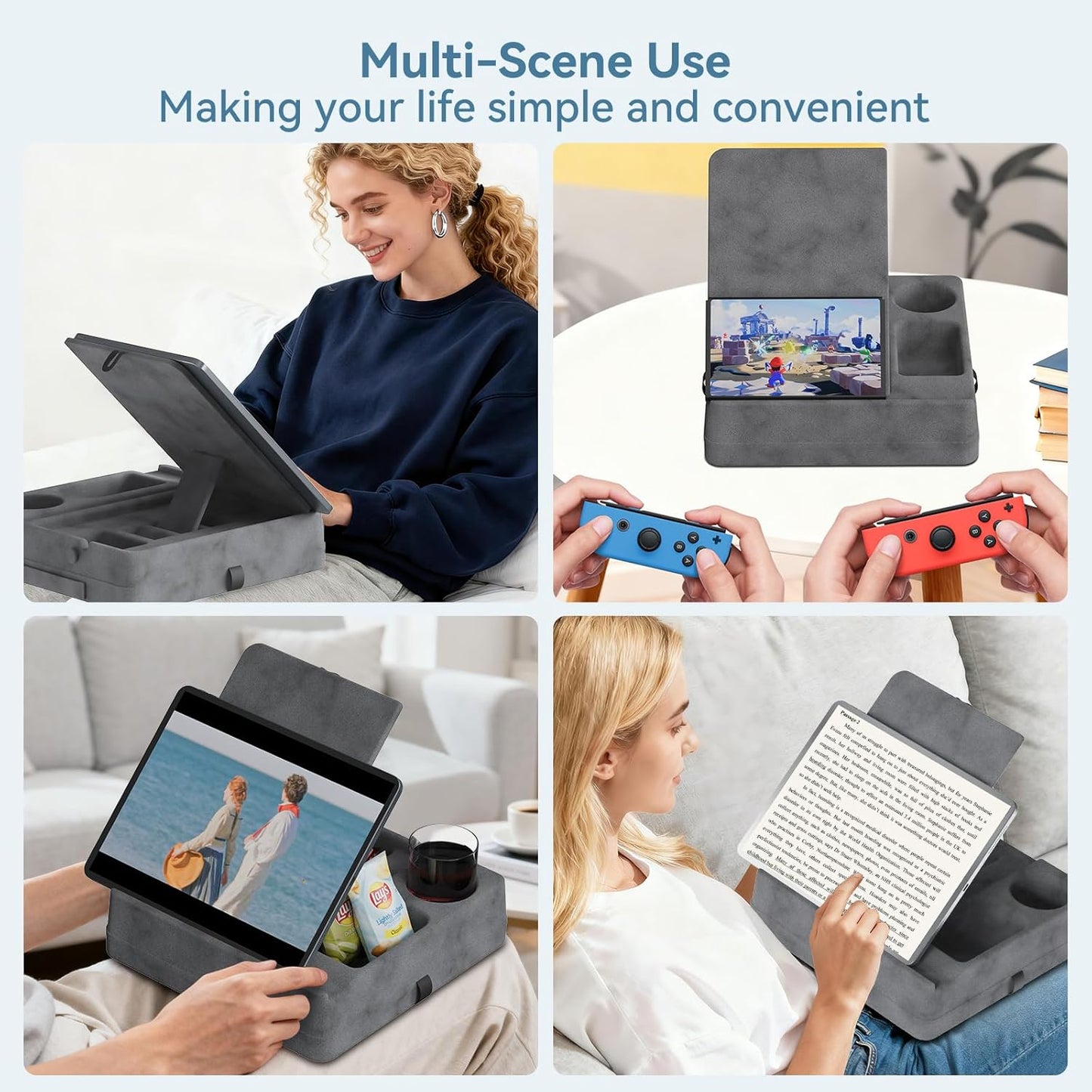 Tablet Pillow Stand for Lap, Bed and Desk, Foldable Soft iPad Holder with Snack Bowl for Kindle,Phone,Tablet,E-Reader,Free Reading and Relaxation on Bed,Couch,Recliner,Gray