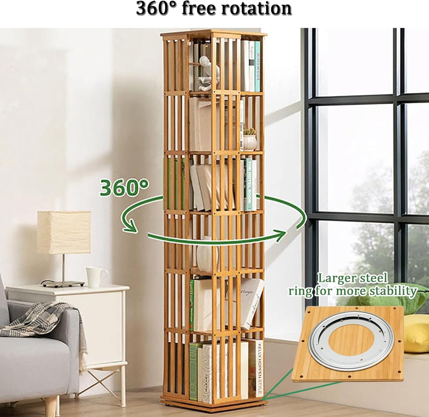 YVYKFZD Rotating Bookshelf, Bamboo Revolving Bookcase, Narrow 360° Display Storage Rack, Floor Standing Corner Book Shelf Organizer, for Small Space, Bedroom, Study Room(Brown,6 Tier 14.5x14.5x70in)