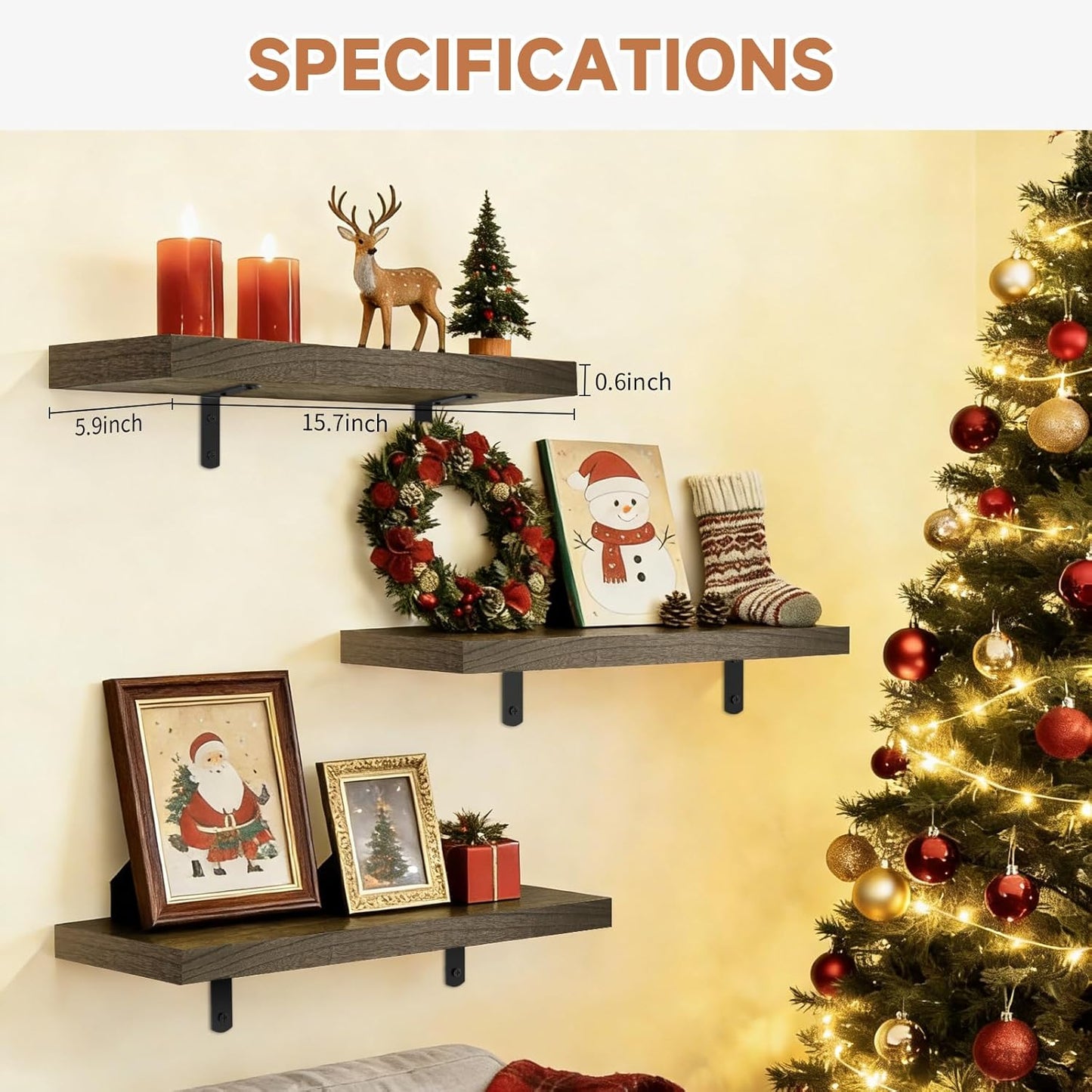 LifetimeWarranty Wall Shelves With Brackets, NOT Floating Easy Install 15.7Inch Solid Wood Shelf 3PCS,Picture Ledge Display Shelf for Living Room Bedroom Kitchen,House Decor Shelf for Book Plant Frame