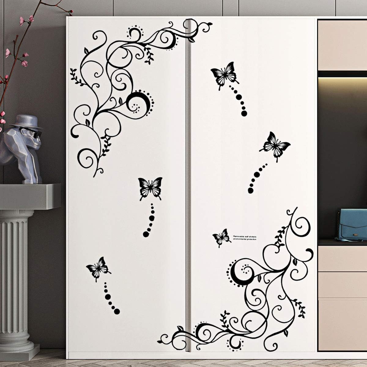 Hot Fashion Removable Vinyl DIY Black Nursery Flowers Vine and Beautiful Butterfly Wall Corner Decals Wall Sticker Murals Home Art Decor for Girls Kids Bedroom Living Room Home Decorations