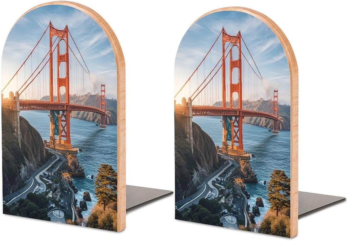 Golden Gate Bridge Bookends 1 Pair Heavy Duty Book Ends for Shelves Non-Skid Bookend Supports Wooden Book Holders with Metal Base Desk Organizers Books Storage to Hold Books