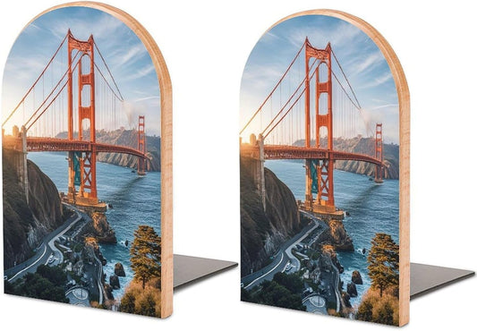 Golden Gate Bridge Bookends 1 Pair Heavy Duty Book Ends for Shelves Non-Skid Bookend Supports Wooden Book Holders with Metal Base Desk Organizers Books Storage to Hold Books
