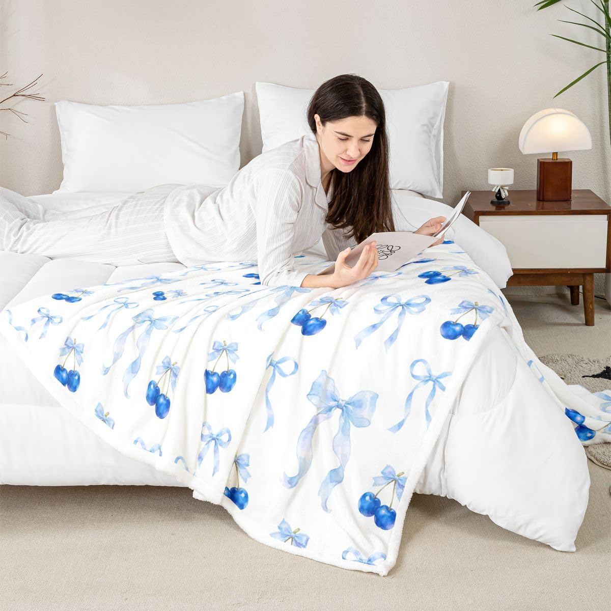 Feelyou Cute Bow Sherpa Throw Blanket for Couch Bowknot Super Soft Cozy Fleece Kawaii Cherry Blanket for Winter, Plush Throw Princess Bowknot Throw 50"x60" Blue All Season