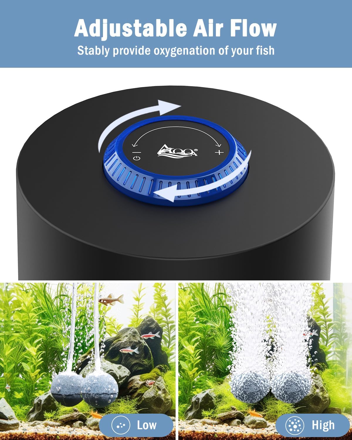 AQQA Aquarium Air Pump, Quiet Powerful Fish Tank Air Pump 3W/6W/10W with Stainless Steel Dual Outlet, Adjustable Oxygen Aerator Pump with Air Stone Bubbler for Fish Tank Up to 200 Gallon 3W (Tubby)