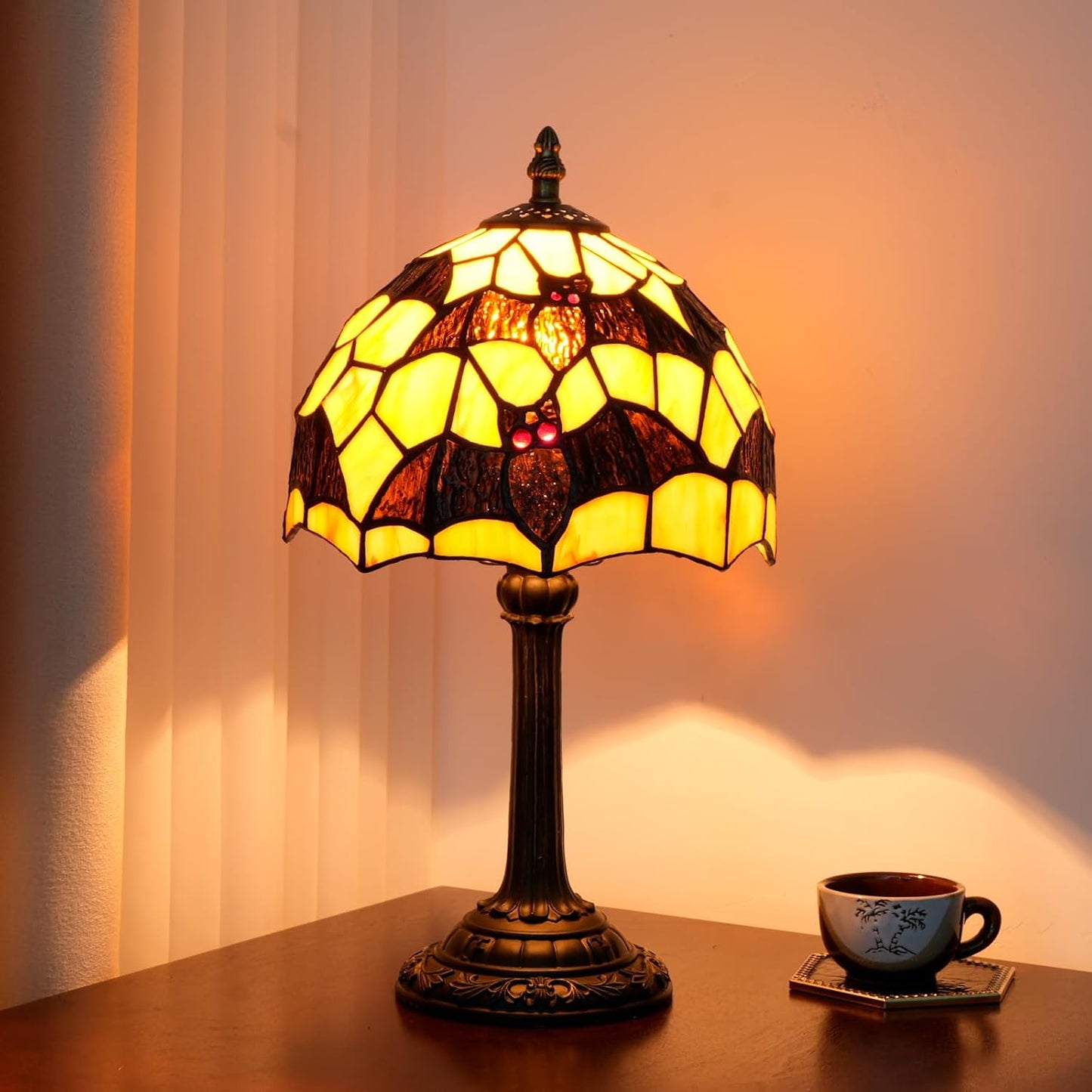 Tiffany Black Bat Stained Glass Table Lamp Handmade Bedside Table Night Unique Cute Accent Nightstand Light Antique Art Craft Gifts Lamp for Home Office Dormitory Bar Decorate