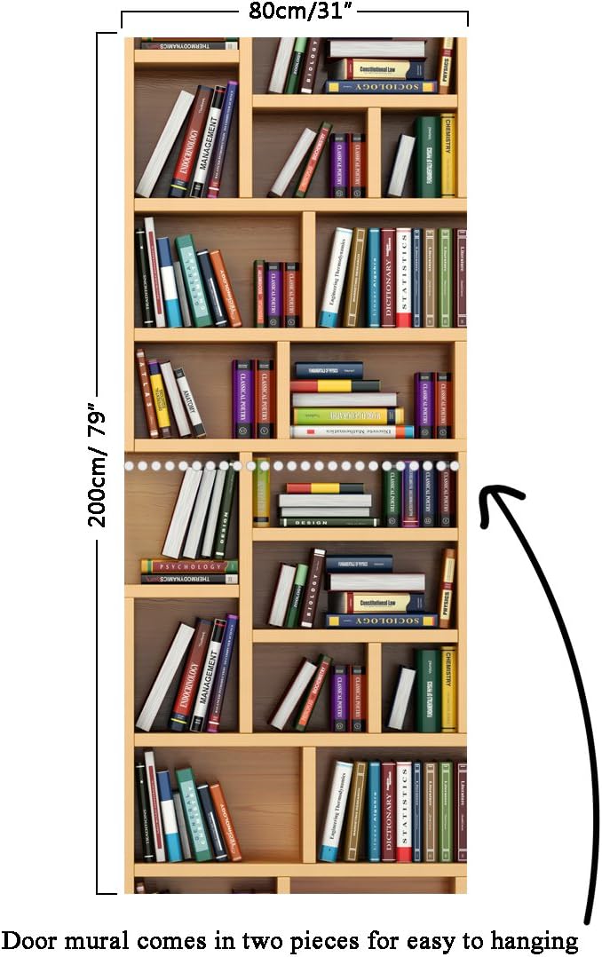 Door Mural Books on The Bookshelf - Peel & Stick Repositionable Fabric Door Sticker