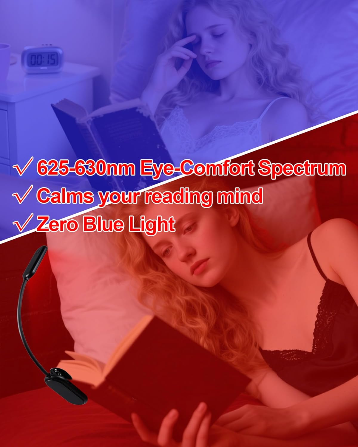 625nm Red Book Light [1 Pack] - Zero Blue Light, Rechargeable Clip On Red Reading Light Lamp for Reading at Night - Poratble Dimmable LED Book Lamp, Gift for Travel Studying Nursing