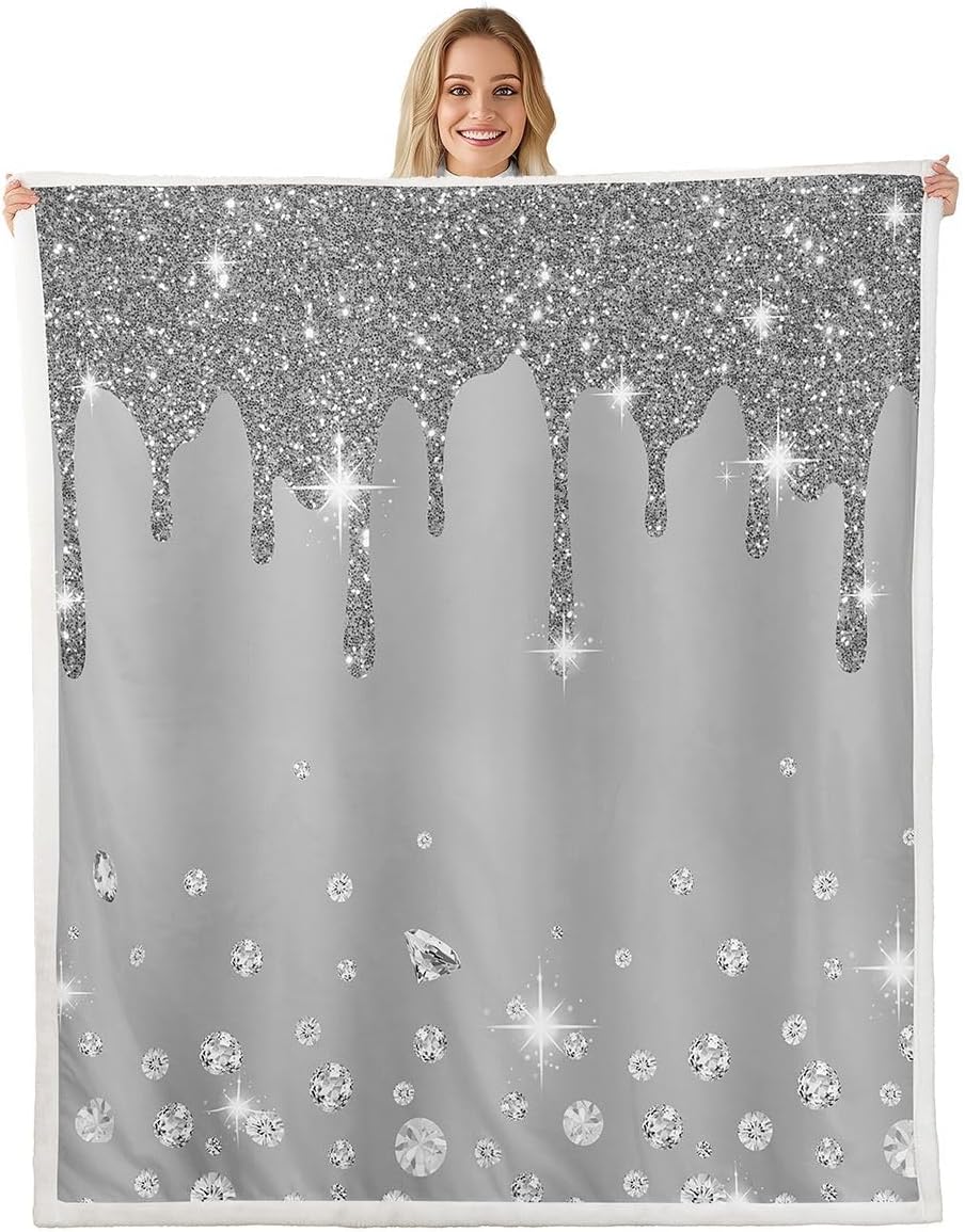 Feelyou Silver Glitter Print (No Glitter) Fleece Throw Blanket - Bling Party Decorations Grey Plush Sherpa for Diamond and Jewelry - Warm Fuzzy 40"x50"