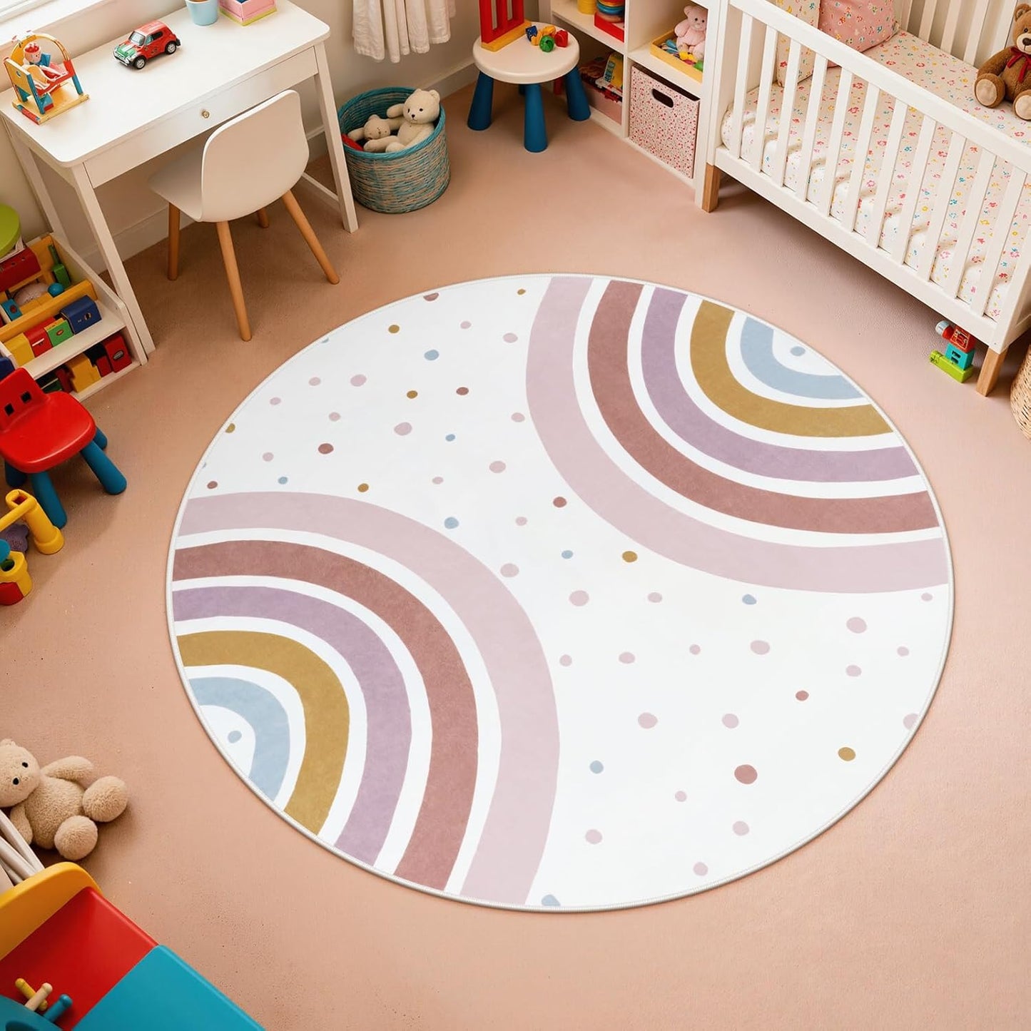 STARUIA Round Rainbow Nursery Rug, 5 Ft Washable Kids Rug for Playroom, Non-Slip Colorful Rugs for Classroom, Large Princess Rugs Soft Girls Bedroom Carpet for Kids Room Reading Nook