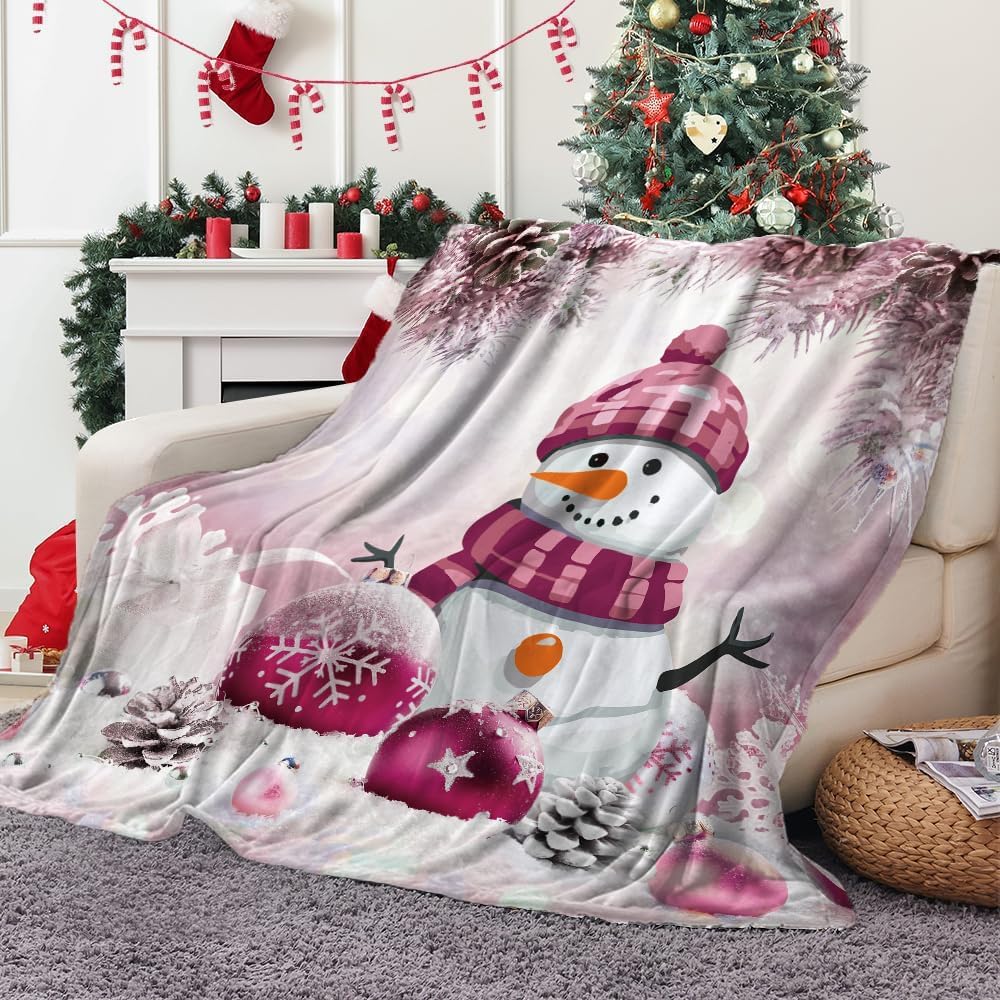Pink Christmas Snowman Blanket, Cute Pink Christmas Tree Snowflake Soft Plush Warm Bed Couch Blanket, Winter Xmas Holiday Flannel Throws to Decorate The Room and Bedroom, 50X60 Inch
