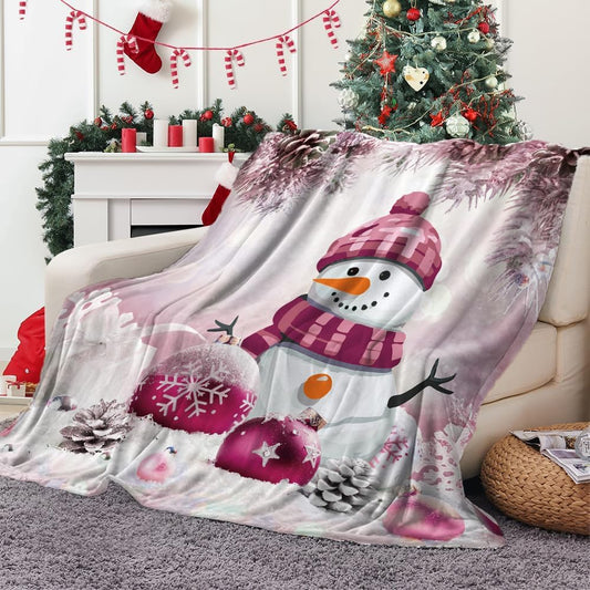 Pink Christmas Snowman Blanket, Cute Pink Christmas Tree Snowflake Soft Plush Warm Bed Couch Blanket, Winter Xmas Holiday Flannel Throws to Decorate The Room and Bedroom, 50X60 Inch