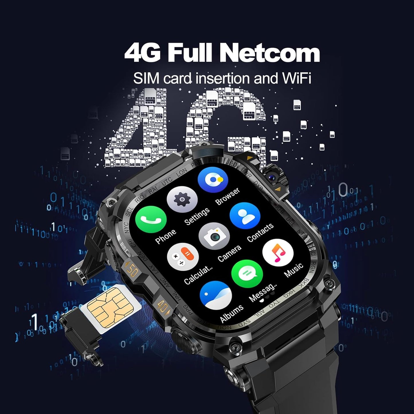 4G SIM Card Android Smartwatch with GPS & WiFi, Military Outdoor Watch for Men, App Downloadable, 2.06" AMOLED Large Screen for Video Chat, HD 180° Rotatable Camera, Health Activity Tracker (Black)
