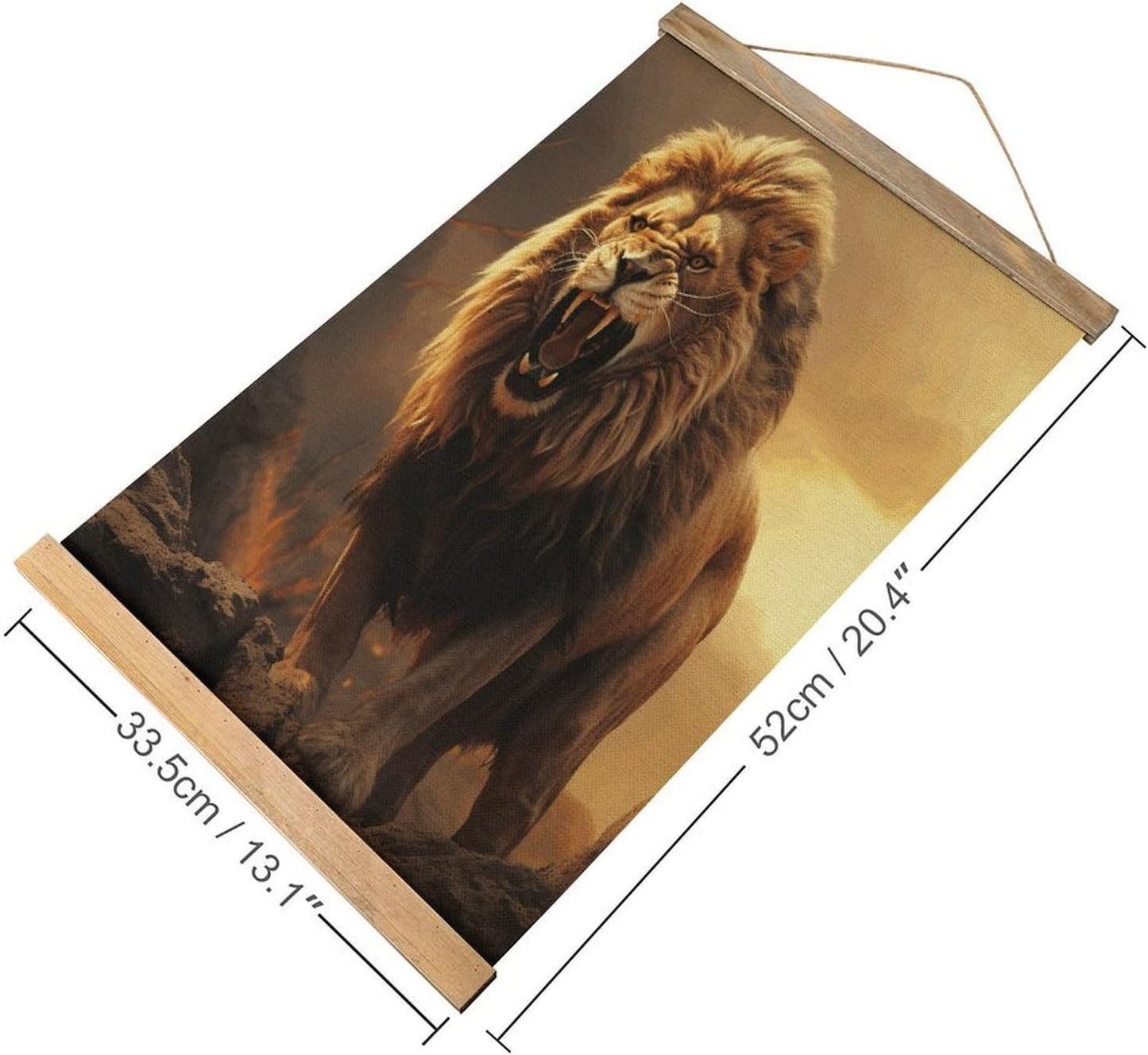 Vintage Angry Roaring Lion Poster with Wooden Frame Personalized Linen Hanging Scroll Painting Rustic Wall Hanging Illustrative Modern Artwork Decor for Home Living Room Bedroom Office
