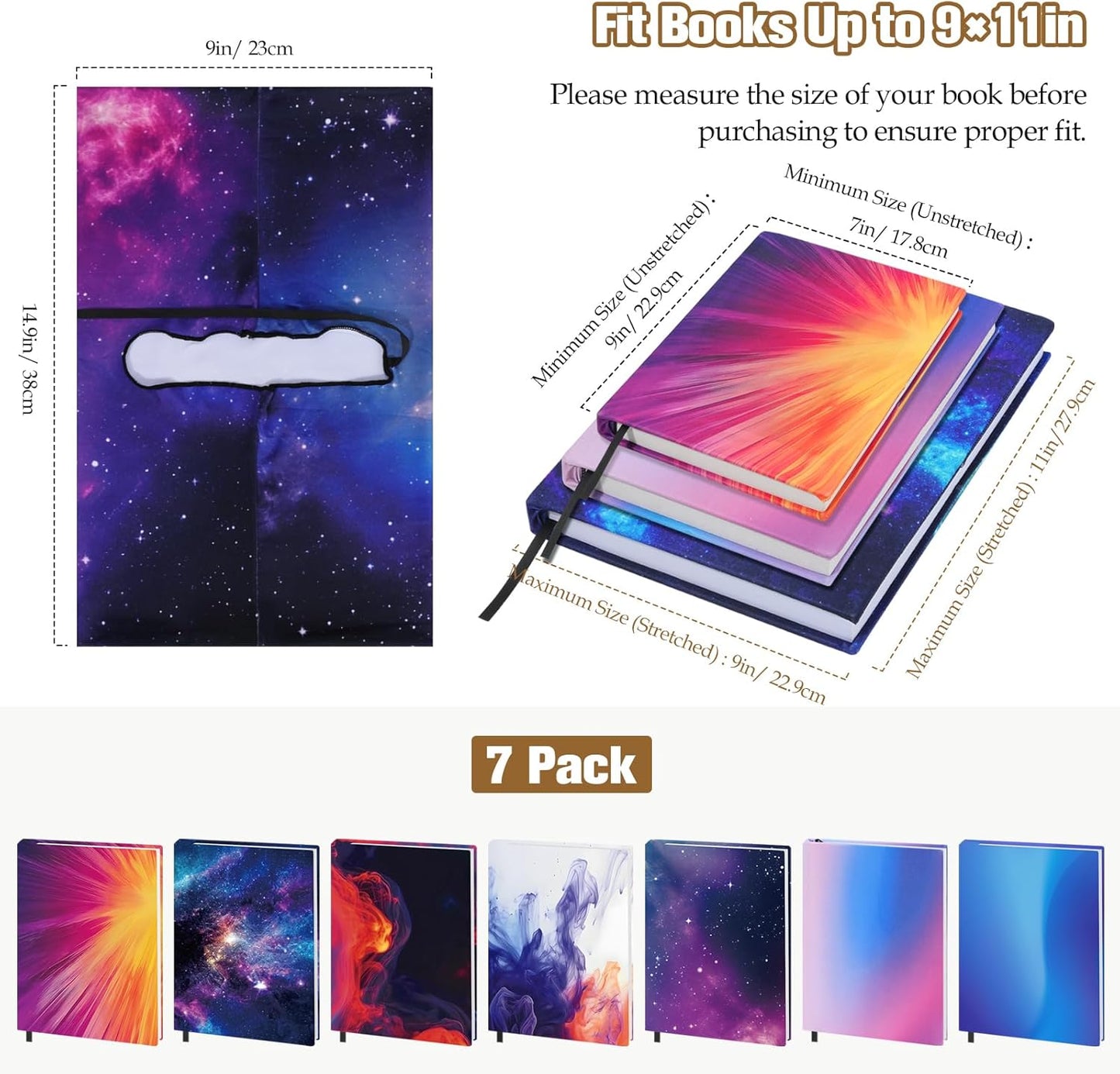 Moko Stretchable Book Cover, Reusable Jumbo Cover Protector for Textbook Hardcover Books 9 x 11 in, Fabric Book Sox, Back to School Supplies, 7 PCS