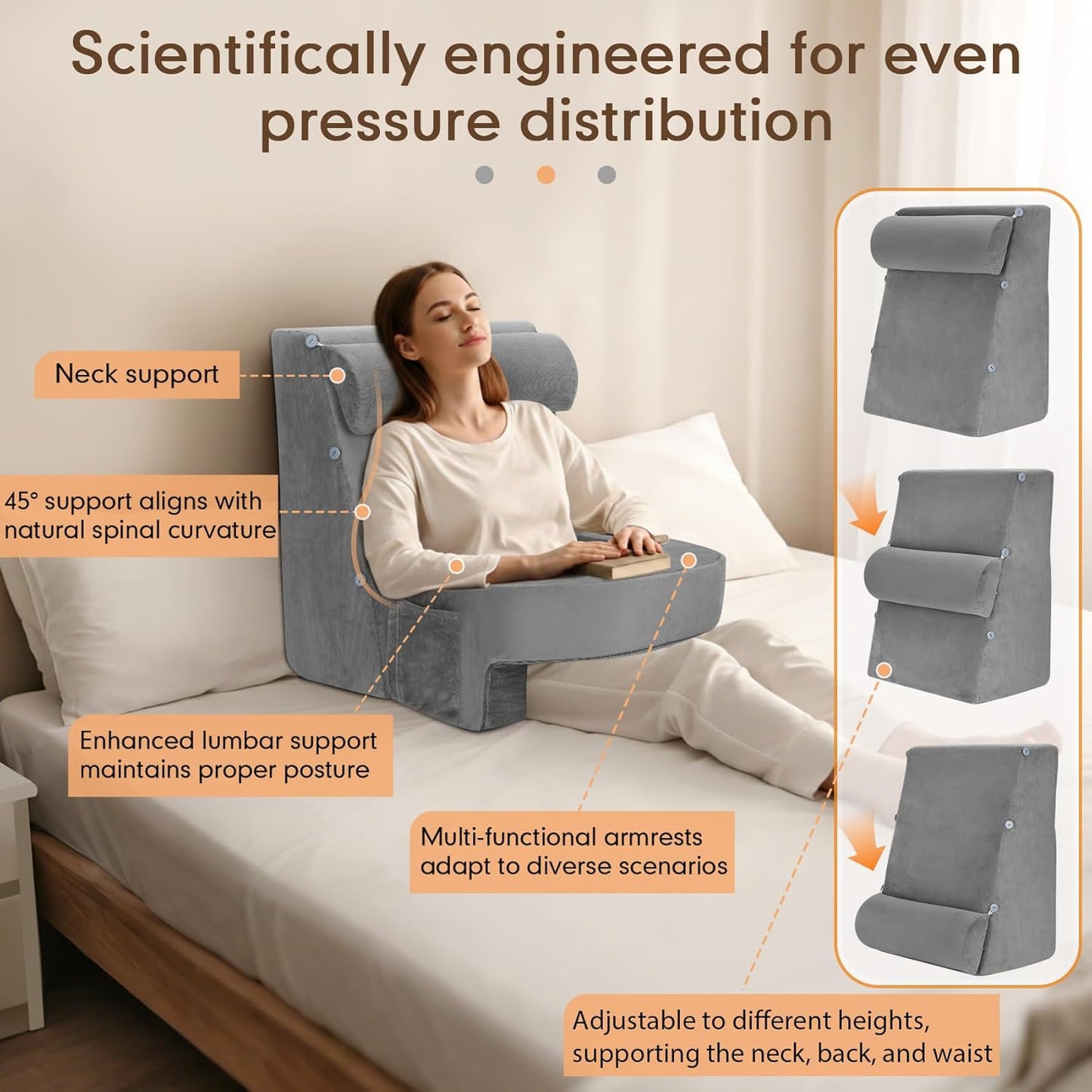 Reading Pillow Set, Reading Pillow with Built-in Arms, 25D High-Density Foam, Suitable for Sitting Up in Bed, with A Back Support Cushion for Lying Down, Playing, Resting,Or Working on A Sofa Or Floor