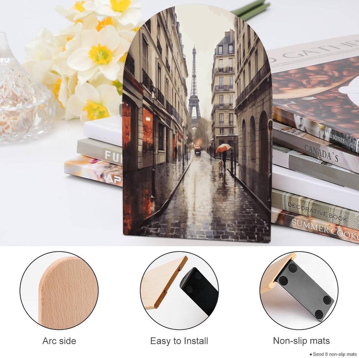 Rainy Street in Paris Bookend for Shelves Wooden Book End Large Size Sturdy Book Holders Stoppers with Metal Base for Bookshelves Slick Decorative Bookends Stands