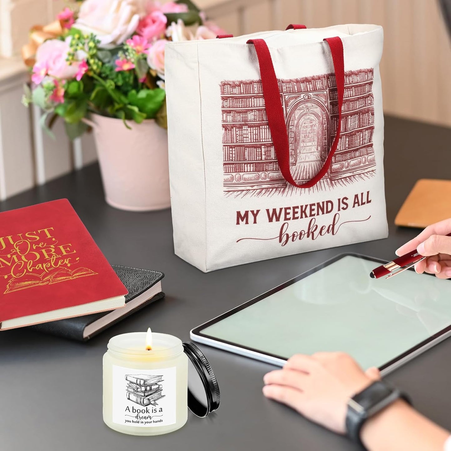 Jetec Set of 5 Book Lovers Gifts for Reader Include Canvas Tote Bag Journal Notebook with Ballpoint Pen Enamel Mug Scented Candle for Teens Librarian Bookish Author(Red)